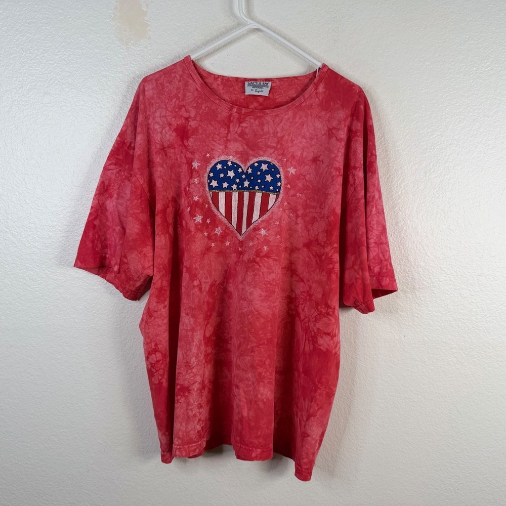 Cactus Bay Women's Top Dark Pink Sz XL Heart Flag Patriotic Mineral Wash